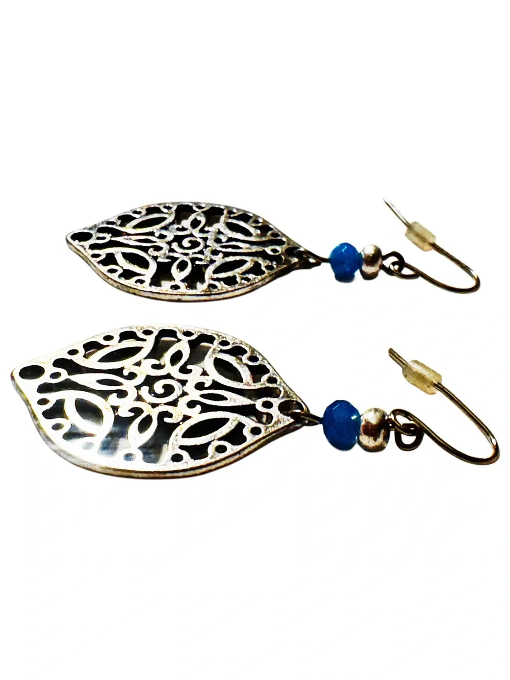 Filigree Leaf Drop Earrings with Blue and Silver Bead Accents